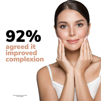 Woman with hands on face against a white background with text about skin improvement.