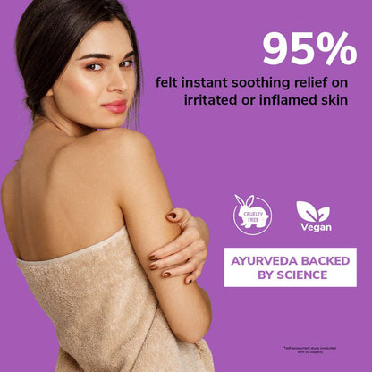 Woman with a towel on a purple background with text about skin relief and product features.