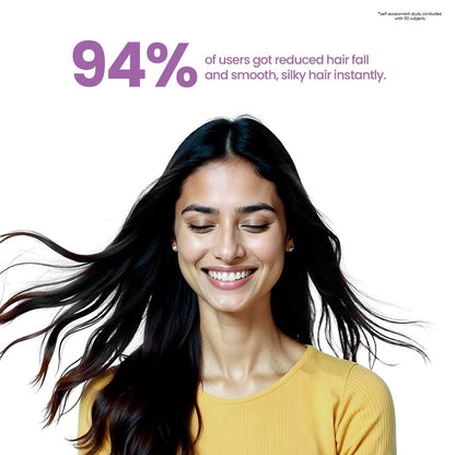 Woman with long, flowing hair smiling against a white background with text about hair product benefits.