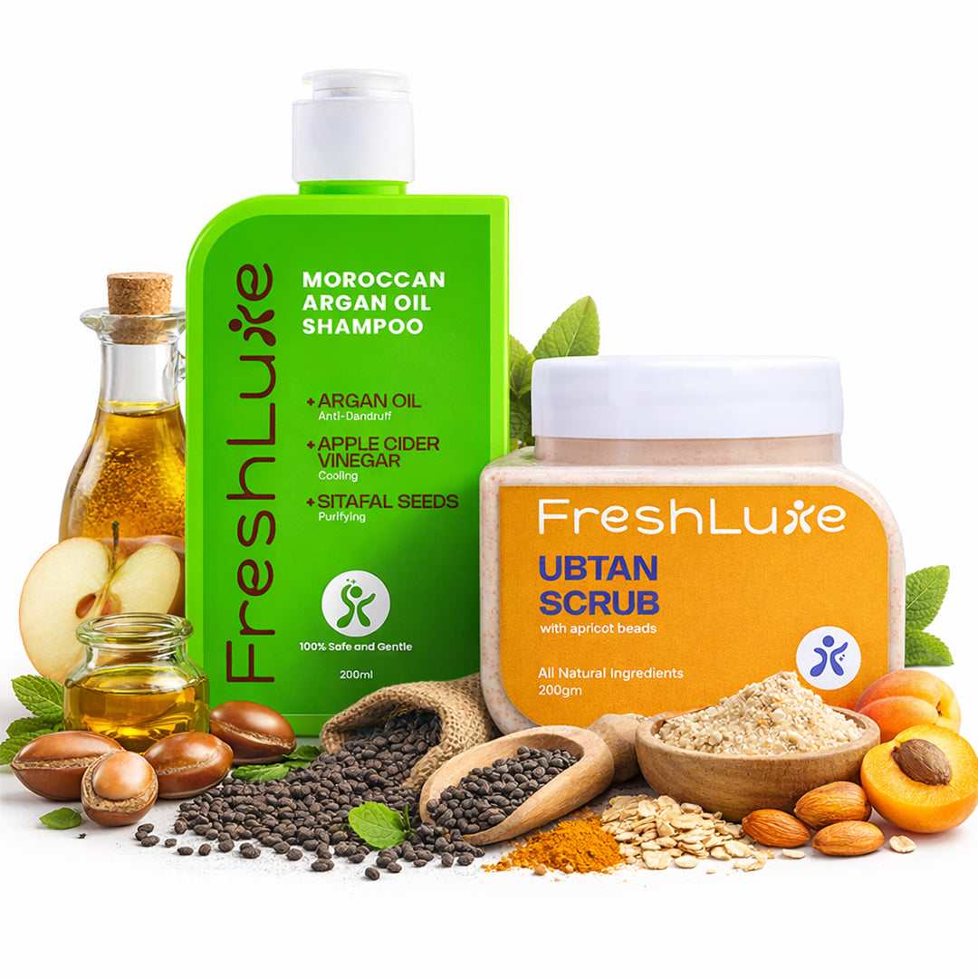 Moroccan Argan Oil Shampoo and Ubtan Scrub with natural ingredients on a white background