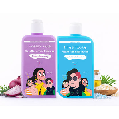 FreshLuxe hair care products on a white background with illustrations of people.