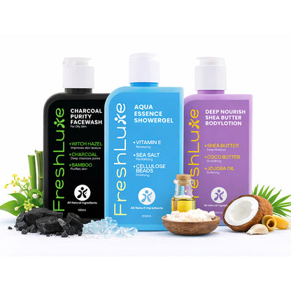 Three FreshLuxe skincare products on a white background with natural elements.