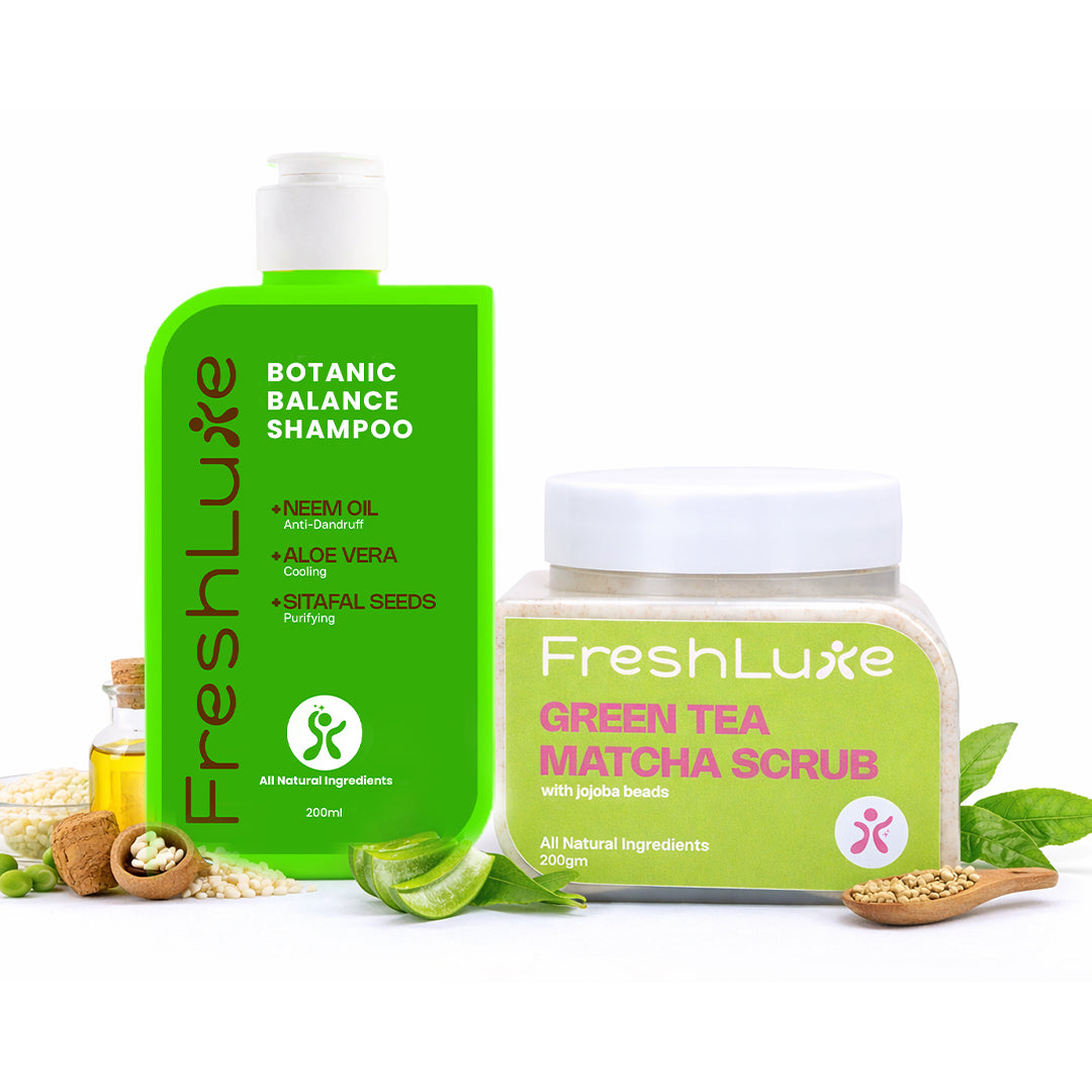 FreshLuxe Botanic Balance Shampoo and Green Tea Matcha Scrub on a white background