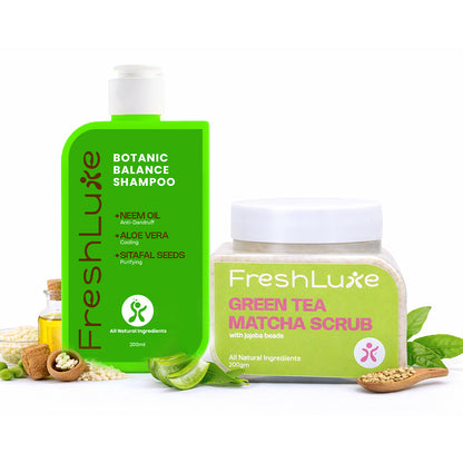 FreshLuxe Botanic Balance Shampoo and Green Tea Matcha Scrub on a white background