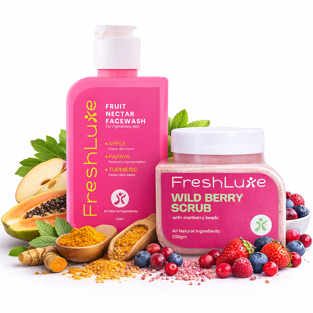 FreshLuxe fruit nectar facewash and wild berry scrub with natural ingredients on a white background