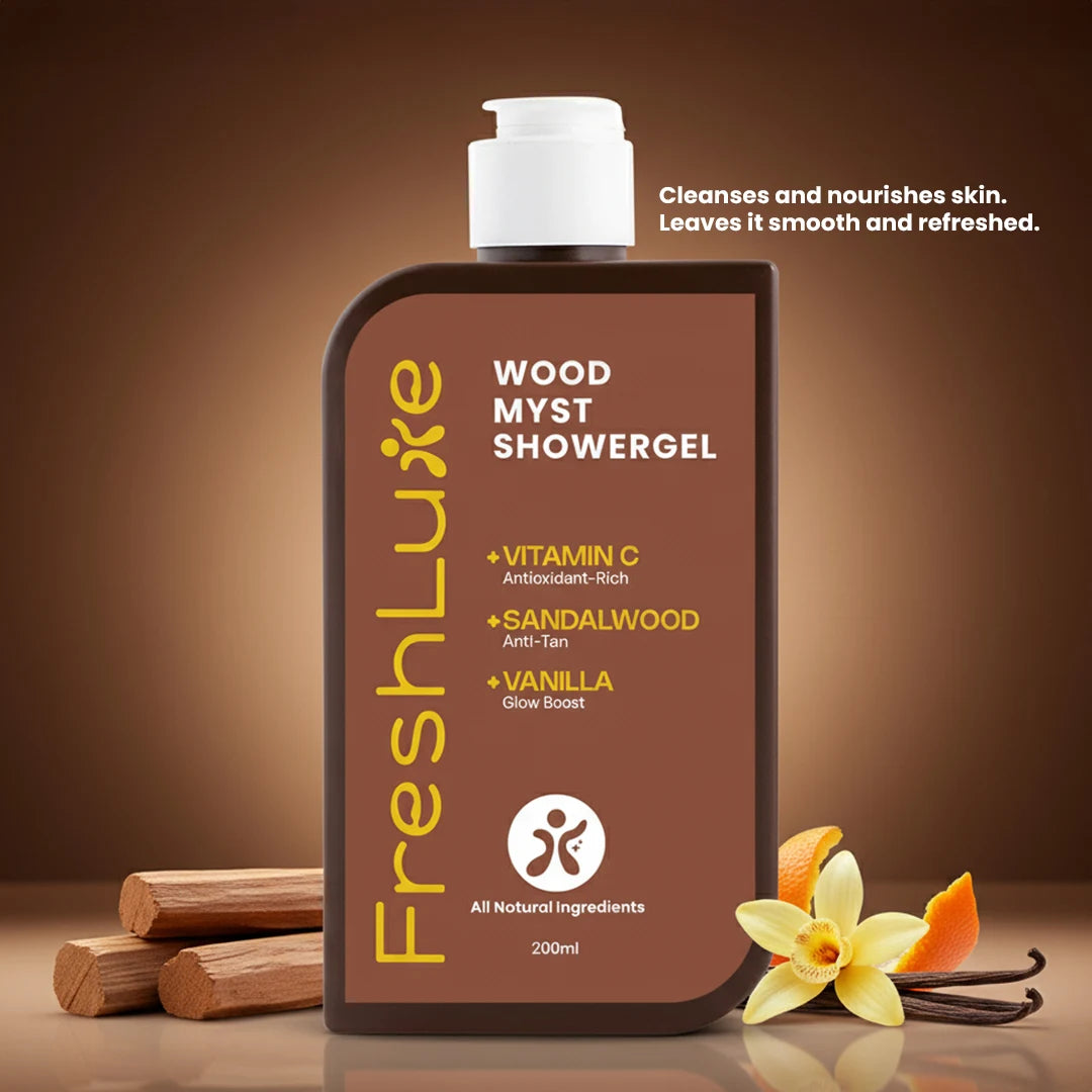 FreshLuxe Wood Myst Body Wash | Reduces Uneven Skin Tone &amp; Dullness | Vanilla Scent | 200 ml | 400 ml
