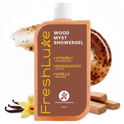 FreshLuxe Wood Myst Body Wash | Reduces Uneven Skin Tone &amp; Dullness | Vanilla Scent | 200 ml | 400 ml