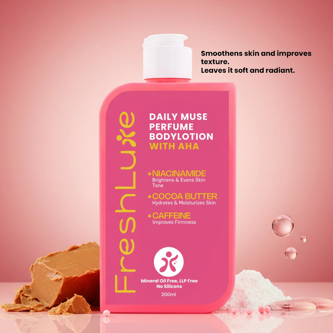 Daily Muse Perfume Body Lotion with Shea Butter &amp; Cocoa Butter | Niacinamide, Caffeine, Glycolic &amp; Lactic Acid | Deep Moisturising Brightening Body Lotion for Dry Skin | Long-Lasting Fragrance | Men &amp; Women | 200ml