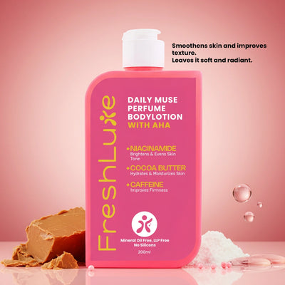 Daily Muse Perfume Body Lotion with Shea Butter & Cocoa Butter | Niacinamide, Caffeine, Glycolic & Lactic Acid | Deep Moisturising Brightening Body Lotion for Dry Skin | Long-Lasting Fragrance | Men & Women | 200ml