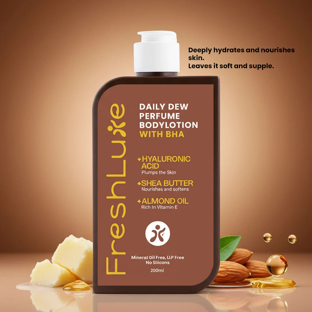 FreshLuxe Daily Dew Perfume Body Lotion with Shea Butter, Cocoa Butter &amp; Hyaluronic Acid | Niacinamide, Caffeine &amp; Salicylic Acid | Deep Moisturizing Brightening Body Lotion for Dry Skin | Long-Lasting Fragrance | Men &amp; Women | 200ml