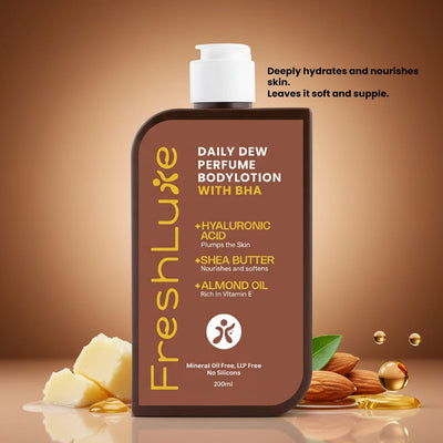 FreshLuxe Daily Dew Perfume Body Lotion with Shea Butter, Cocoa Butter & Hyaluronic Acid | Niacinamide, Caffeine & Salicylic Acid | Deep Moisturizing Brightening Body Lotion for Dry Skin | Long-Lasting Fragrance | Men & Women | 200ml