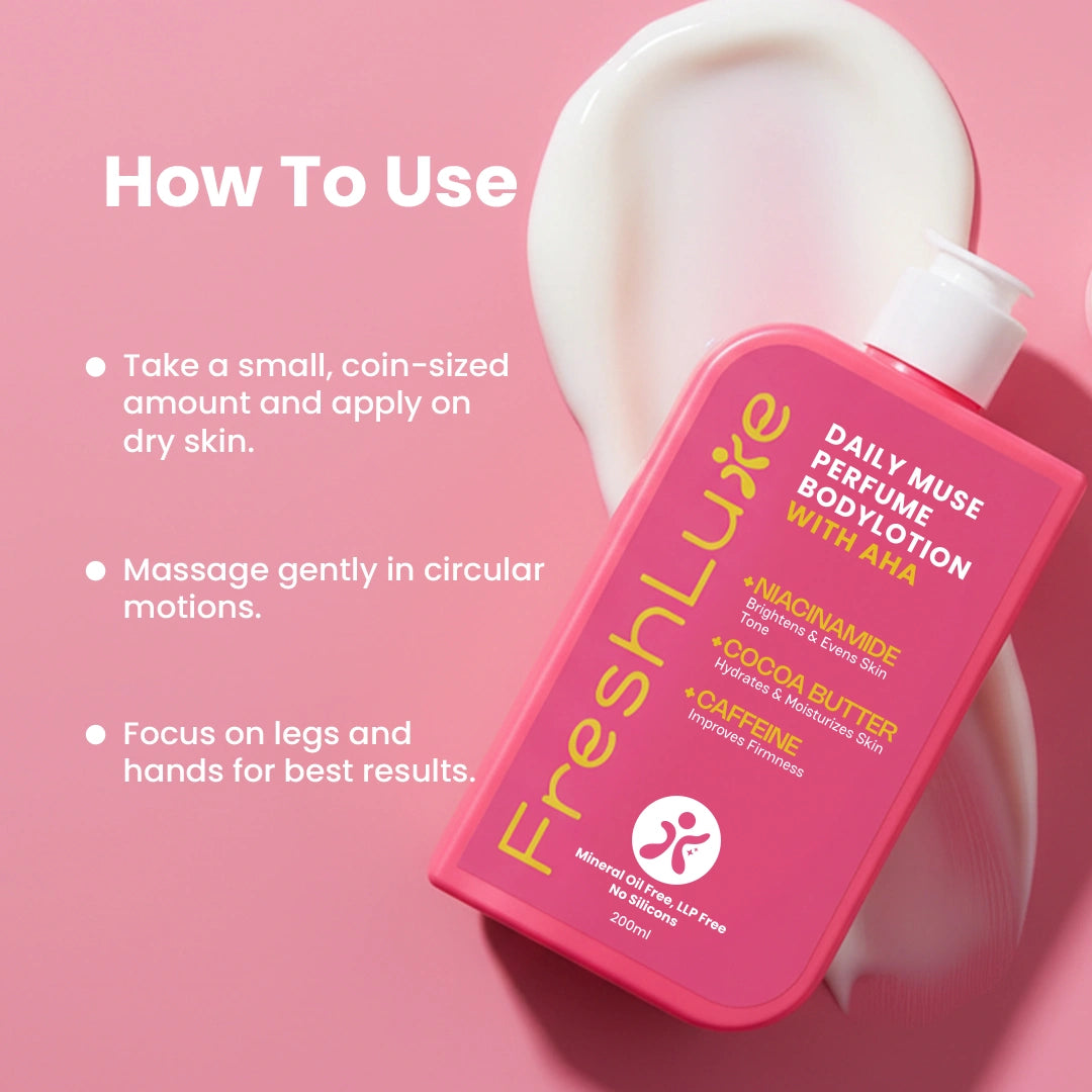 Daily Muse Perfume Body Lotion with Shea Butter &amp; Cocoa Butter | Niacinamide, Caffeine, Glycolic &amp; Lactic Acid | Deep Moisturising Brightening Body Lotion for Dry Skin | Long-Lasting Fragrance | Men &amp; Women | 200ml