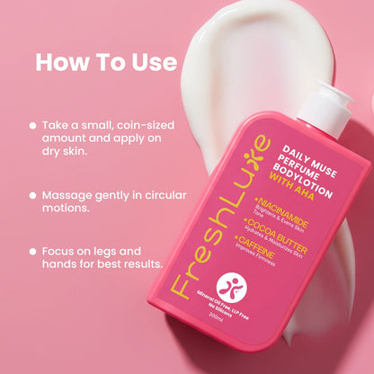 Daily Muse Perfume Body Lotion with Shea Butter &amp; Cocoa Butter | Niacinamide, Caffeine, Glycolic &amp; Lactic Acid | Deep Moisturising Brightening Body Lotion for Dry Skin | Long-Lasting Fragrance | Men &amp; Women | 200ml