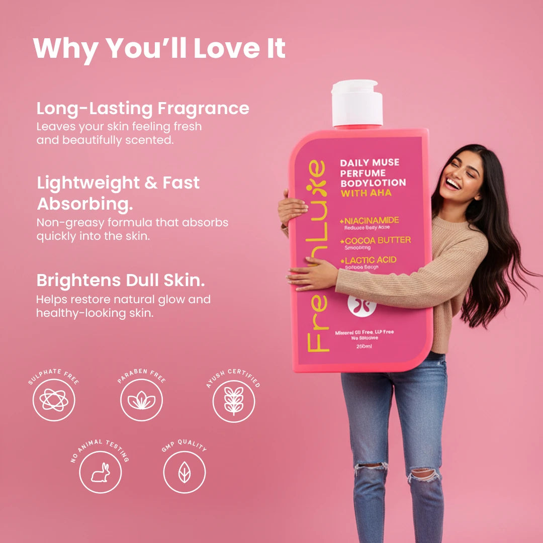 Daily Muse Perfume Body Lotion with Shea Butter &amp; Cocoa Butter | Niacinamide, Caffeine, Glycolic &amp; Lactic Acid | Deep Moisturising Brightening Body Lotion for Dry Skin | Long-Lasting Fragrance | Men &amp; Women | 200ml