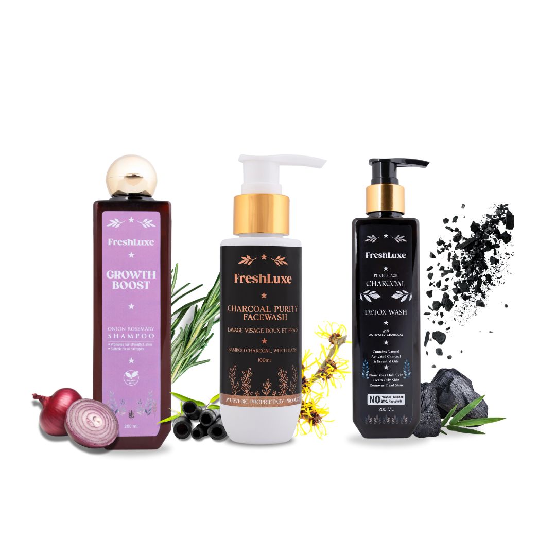 Growth Boost Shampoo, Charcoal Purity Facewash &amp; Charcoal Detox Bodywash