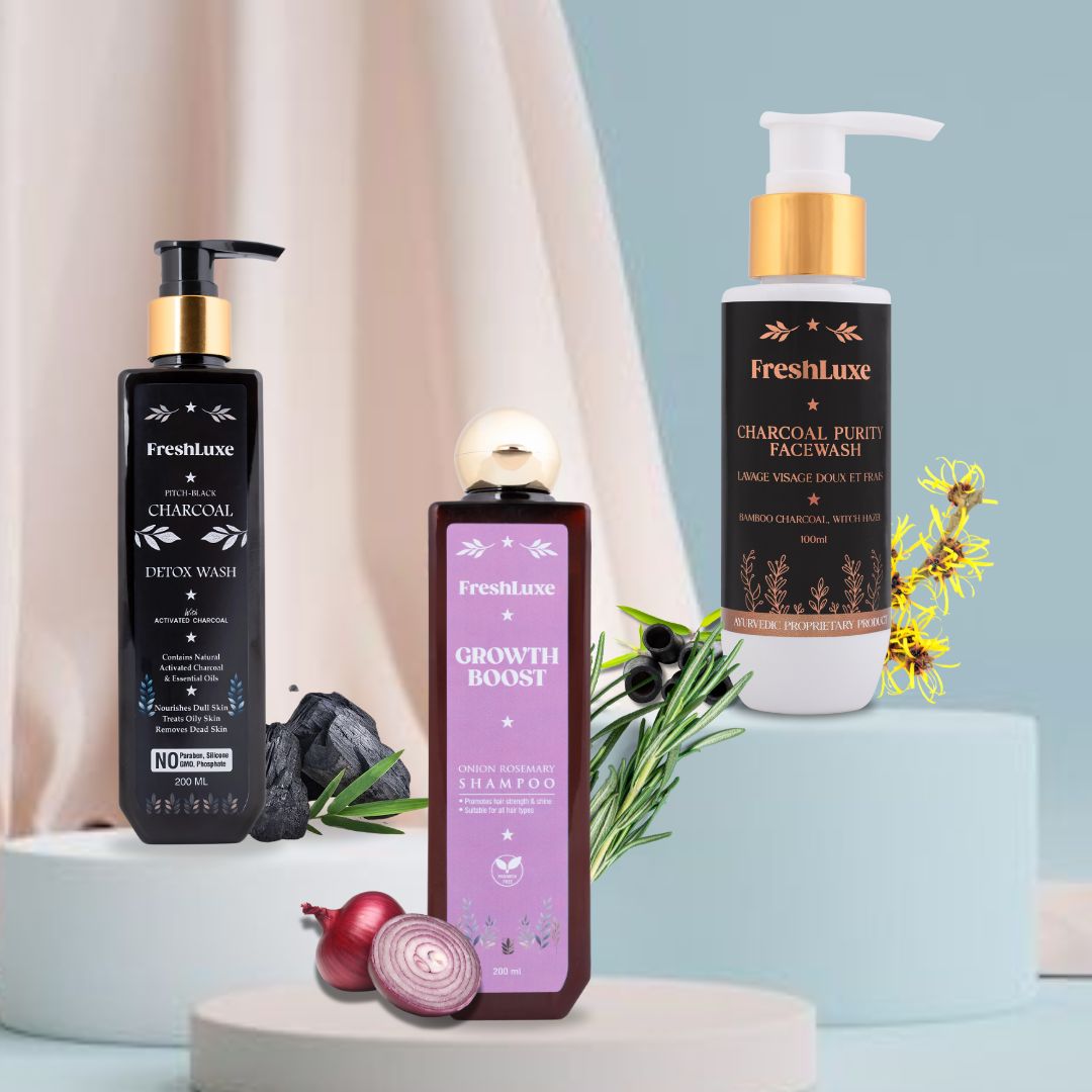 Growth Boost Shampoo, Charcoal Purity Facewash &amp; Charcoal Detox Bodywash