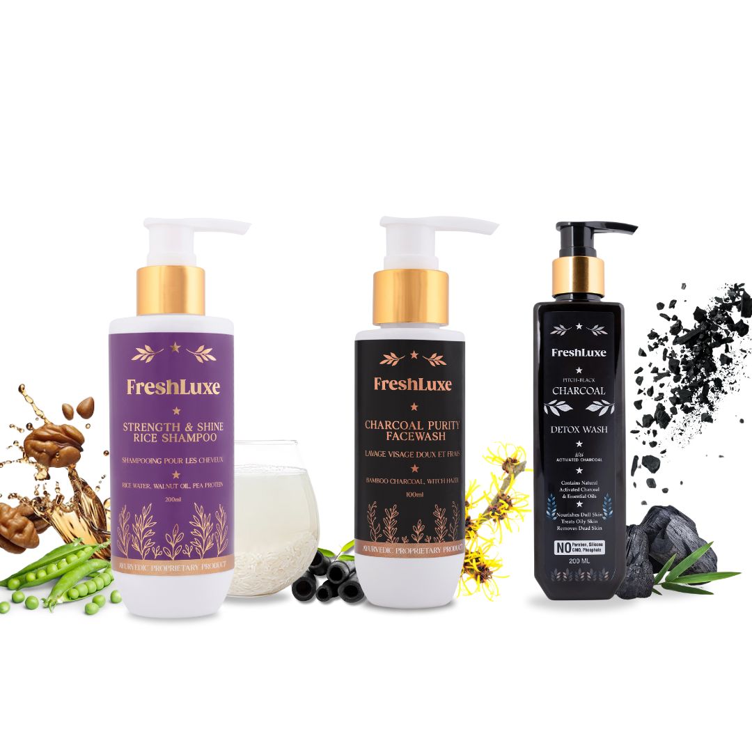 Strength &amp; Shine Rice Water Shampoo, Charcoal Purity Facewash &amp; Charcoal Detox Bodywash