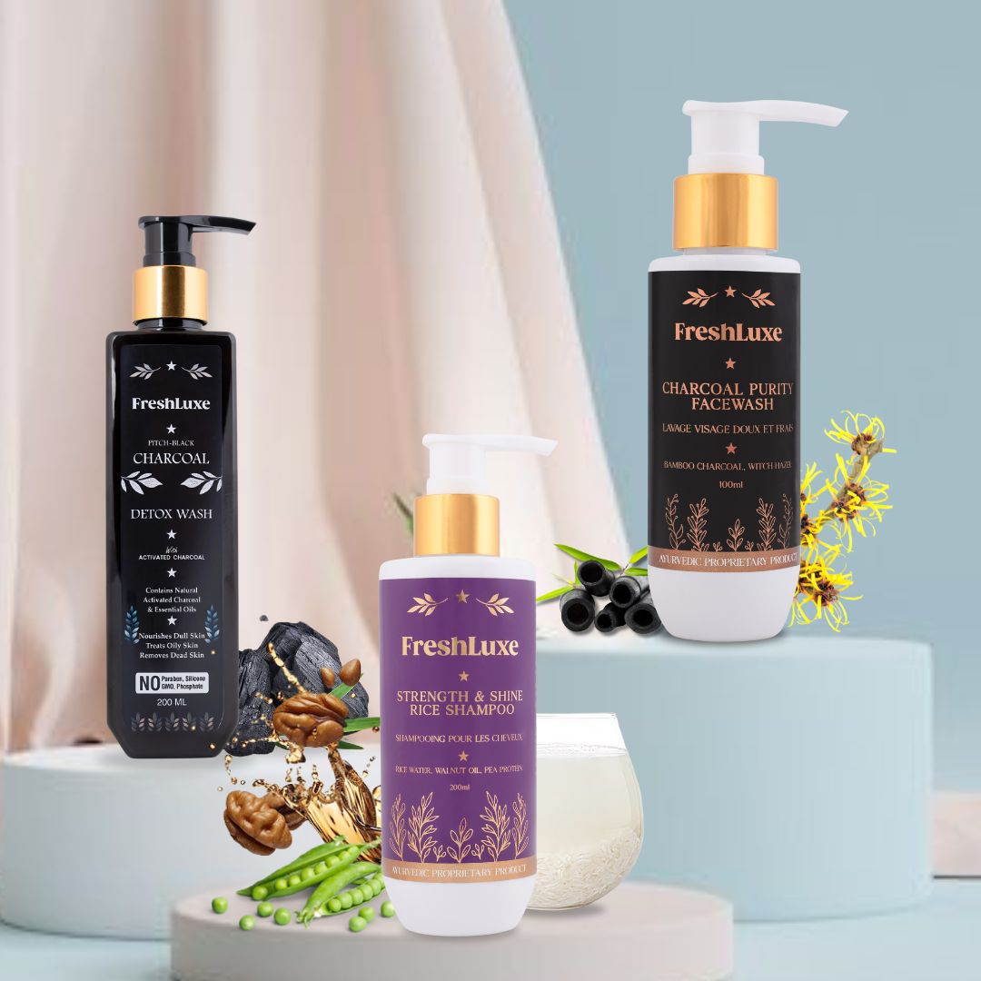 Strength &amp; Shine Rice Water Shampoo, Charcoal Purity Facewash &amp; Charcoal Detox Bodywash