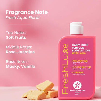 Daily Muse Perfume Body Lotion with Shea Butter &amp; Cocoa Butter | Niacinamide, Caffeine, Glycolic &amp; Lactic Acid | Deep Moisturising Brightening Body Lotion for Dry Skin | Long-Lasting Fragrance | Men &amp; Women | 200ml