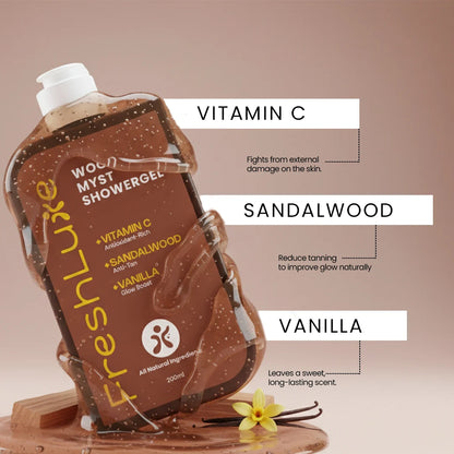 FreshLuxe Wood Myst Body Wash | Reduces Uneven Skin Tone &amp; Dullness | Vanilla Scent | 200 ml | 400 ml